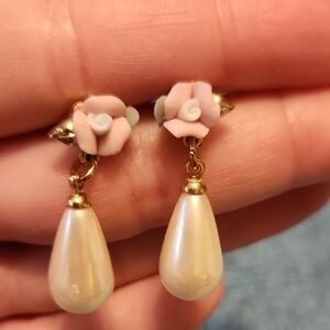 Elegant Gold Tone Faux Pearl Drop Earrings with Pink Floral Accent, Mother's Day
